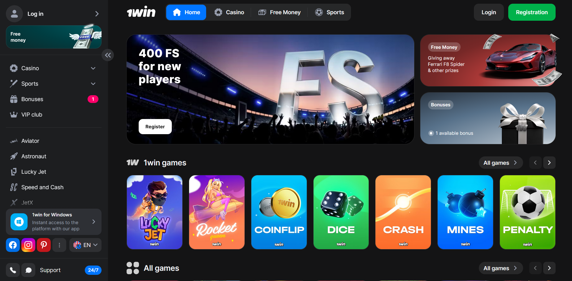 Official 1win India homepage with sports betting and casino games